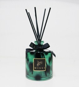 Resim Missi Yeşil Leopar Desenli Cam Şişe Siyah Bambu Çubuklu Yasemin Sandal Oda Kokusu 500 ML 