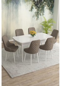 Resim Meri Serisi 80x132 Açılabilir Mdf Beyaz Masa Takımı 6 Kahve Sandalye Cappucino 