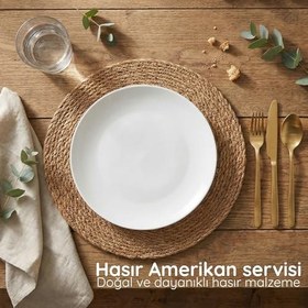 Resim Doğal Hasır Yuvarlak Amerikan Servis ve Supla - 35 cm Örgü Yemek Tabağı Altlığı - Isıya Dayanıklı Kahverengi Masa Koruyucu (2) 