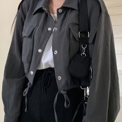 Resim Kadınlar İçin Şık Bahar Crop Ceketi - Çok Yönlü Kore Esintili Beyzbol Bomber, Beli İpli, Uzun Kollu & Önü Düğmeli - %100 Polyester, Makinede Yıkanabilir 