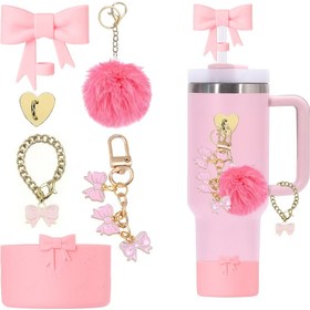 Resim 40oz/30oz Bardaklar için 6 adet Tumbler Aksesuar Seti, Silikon Kılıf, Pipet Kapağı, Kurdele ve Pom Pom Şansları, Kalp saç tokası, Kolu Şans - Dış Mekan, Spor, Kamp için Mükemmel - Sevgililer Günü, Kadınlar, Anneler Günü, Şükran Günü, Noel Hediyeleri için İdeal 