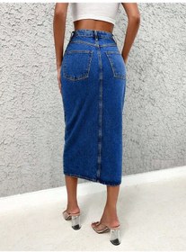 Resim Kadın Denim Esnek Kumaş Yırtmaçlı Uzun Etek Koyu Mavi 