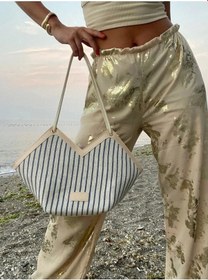 Resim Glemix Joyce Mavi Çizgili Fular Detaylı Asimetrik Kadın Kol Ve Omuz Çantası Mavi Çizgili Kanvas 