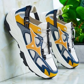Resim Erkek Moda Koşu Ayakkabıları - Rahat Bağcıklı Sneakerlar, Kaymaz Kauçuk Taban, Dayanıklı Kumaş Astar ve Şık Mavi ve Turuncu Tasarım, Rahat Giyim, Egzersizler ve Günlük Kullanım İçin, Rahat Spor Ayakkabıları | Şık Erkek Sneakerları | Dayanıklı İnşaat 
