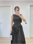 Resim Krep Arkası Kanat Arka Ön Pens Detaylı Uzun Kadın Elbise - Siyah Siyah 