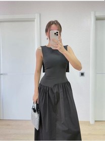 Resim Krep Arkası Kanat Arka Ön Pens Detaylı Uzun Kadın Elbise - Siyah Siyah 