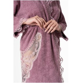 Resim Flora Gelin Bornoz Seti 5 Parça Dantelli Çeyiz Bayan Bornoz Seti Mor 