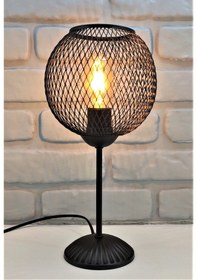 Resim Siyah Metal Ayaklı Siyah Küre Hasır Tel Şapkalı Abajur Siyah 