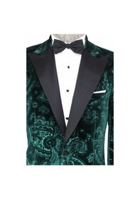 Resim Wessi Floral Desenli Kadife Yeşil Erkek Smokin Ceket 001 