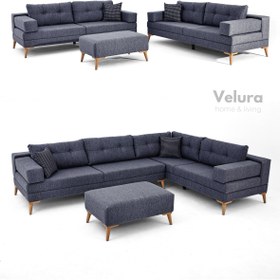 Resim Velura Home & Living Zeri Modüler Yataklı Koltuk Takımı & 2 Adet Üçlü Kanepe & Puflu Köşe Takımı (3+3) - Koyu Mavi - 118 