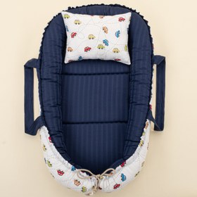 Resim Babynest ve Yastık- Çift Taraflı - Lacivert Saten - Renkli Arabalar 