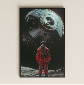 Resim Ay Yüzeyinde Kırmızı Astronot Ve Uzay Modülü Temalı Pleksi Tablo 