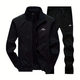 Resim Erkek Günlük Spor Giyim Seti - Logolu Ceket & Pantolon, Fermuarlı, Uzun Kollu, Normal Kesim, İlkbahar/Sonbahar Koleksiyonu, Günlük Spor Giyim | Fermuarlı Ceket | İşlemeli Logo, Kazak Seti 