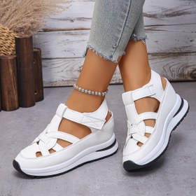 Resim Kadın Moda Sneakerları - Düz Renk, Yuvarlak Burun, Kalın Platform Topuklu Görünmez Kama, Sihirli Bant Kapatma, Yapay Üst & İç, Kauçuk Taban, EVA Tabanlık 