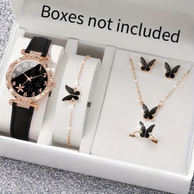 Resim Kadın Klasik Çok Yönlü Basit Petal Sayısal Ölçek Kadran Yaratıcı Temperament Moda Retro Kuvars Saat + Kelebek Takı Seti 6 adet/set, Saat Kutusu Dahil Değil 