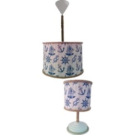 Resim Onay Avize Halatlı Gemili 2.li Set M-0372 Kumaş Kaplama Genç ve Çocuk Odası Avize ve Abajur Takımı 