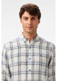 Resim Lacoste Men's Regular Fit Dark Blue Linen Shirt Ekose Keten Erkek Gömlek Koyu Mavi 