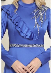 Resim Raika Moda Omuz Taş Baskı Şık Saten Ada Büyük Beden Tesettür Abiye İndigo 