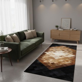 Resim Açık Kahverengi Merkezli Siyah Köşeli Dana Derisi Patchwork - 80x200 cm 