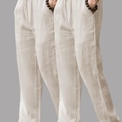 Resim 2 adet Erkek Linen Pantolonu - Rahat ve İşçi Tarzı, Bej ve Koyu Yeşil, Bağcıklı Bel, Esnek Olmayan Kumaş, Açık Hava Aktiviteleri İçin Mükemmel, İlkbahar / Sonbahar Giyimi, Dış Giyim | Minimalist Tarz | Linen Karışımı 