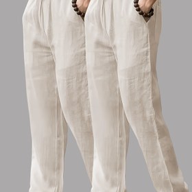 Resim 2 adet Erkek Linen Pantolonu - Rahat ve İşçi Tarzı, Bej ve Koyu Yeşil, Bağcıklı Bel, Esnek Olmayan Kumaş, Açık Hava Aktiviteleri İçin Mükemmel, İlkbahar / Sonbahar Giyimi, Dış Giyim | Minimalist Tarz | Linen Karışımı 