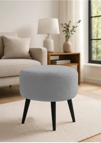 Resim Waterybrook Yuvarlak Puf Welsoft Kumaş Siyah Ahşap Ayaklı - Makyaj - Yatak Ucu - Dekoratif Oturma Pufu Gri 