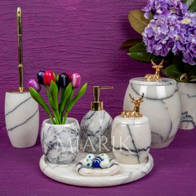 Resim MIARIK DESIGN & DEKORASYON Dekoratif Leylak Mermer Banyo Seti Takımı 7 Li Pirinç Detaylı Tasarım Set 