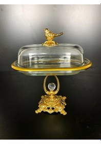 Resim Elta Collection Kuş Figürlü Gold Metal Kristal Ayaklı Sunumluk Tereyağlık Peynirlik Kahvaltılık Gold 