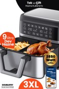 Resim Doublefry 2850W 9 Litre 3XL Dev Tek ve Çift Hazneli Dokunmatik Airfryer Yağsız Sıcak Hava Fritözü Gold Master