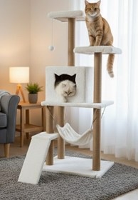 Resim Missidea S9 Kedi Tırmalama Kulesi Platformlu 124 cm Beyaz 