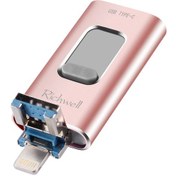 Resim Richwell 3'ü 1 Arada 128g Type-c 8 Pin Usb 3.0 Otg Fonksiyonlu Metal İtme-çekme Flash Disk Gül Altın 