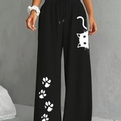 Resim Kadınlar için Rahat Kedi Baskılı Joggers - Bol Kesim, Bağcıklı Bel, Tüm Mevsimler İçin Rahat Pantolonlar, Kedi Baskıları ile Beyaz ve Gri, Günlük Giyim|Rahat Joggers|Bağcıklı Bel, Kedi Severler İçin Hediyeler 
