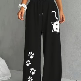 Resim Kadınlar için Rahat Kedi Baskılı Joggers - Bol Kesim, Bağcıklı Bel, Tüm Mevsimler İçin Rahat Pantolonlar, Kedi Baskıları ile Beyaz ve Gri, Günlük Giyim|Rahat Joggers|Bağcıklı Bel, Kedi Severler İçin Hediyeler 