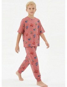 Resim Modanıno Erkek Çocuk %100 Pamuk Kumaş Ve Baskılı Pijama Takımı 3-13 Yaş 12686ıs Mercan 