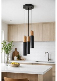 Resim Masif Ahşap & Metal Üçlü Sarkıt Avize Modern Silindir Tasarım Diğer 