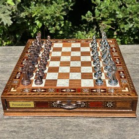 Resim Tamamen El Yapımı Satranç Takımı, Bronze Metal, Masif Ahşap Satranç, Hediyelik, Satranç Seti 