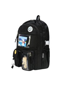 Resim İlkokul Çantası 3'lü Takım Beslenme Çantası Kalemlik 42 30 Cm Anahtarlık Ve Rozet Hediyeli Siyah 