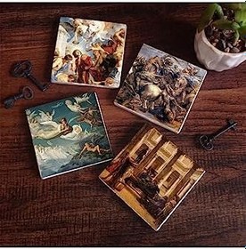 Resim Bir Roma Sanat Aşığı, Ruhların Geçişi, Anghiari Savaşı, Aziz Stephen Üçlemesi Taş Bardak Altlığı Seti - 4 Parça - Dekoratif, Rustik Mutfak Aksesuarı, 10x10 cm, Kaydırmaz Tabanlı SC116 