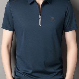 Resim Erkek Yaz Golf Gömleği - Mavi, Nefes Alabilen Polyester, Logo Baskılı Yarım Fermuar, Nefes Alabilen ve Serin, İş Gündelik ve Açık Hava Aktiviteleri için Mükemmel 