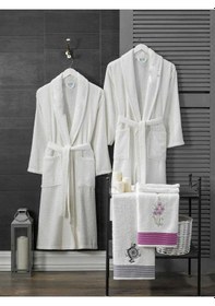 Resim 4 Parça Aile Bornoz Seti Kadın Erkek Havlulu Bornoz Takımı Beyaz Set Renkli 