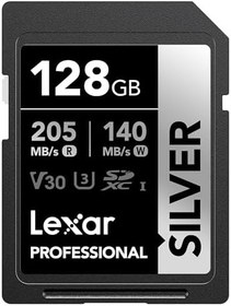 Resim Lexar 128 GB Profesyonel Gümüş SDXC Hafıza Kartı, UHS-I, C10, U3, V30, 4K Video, 205/140 MB/s'ye Kadar Okuma/Yazma, Profesyonel Fotoğrafçı, Video Görüşçü, Meraklısı (LSDSILV128G-BNNNU) 