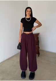 Resim BEJNA Kadın Bordo Pileli Oversize Dokuma Şalvar Pantolon 