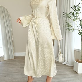 Resim Print, Bol Kesim, V-Yaka İlkbahar & Sonbahar İçin, Bej/Altın Renk, Polyester Kumaş, Sadece Elde Yıkama, Şık Akşam Elbisesi | Sofistike Kadın Elbisesi | Pürüzsüz Parlak Kumaş, Sevimli Elbise 