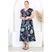 Resim Kadın Mavi Mor Tropikal Desen Fırfır Kol Kruvaze Yaka Büyük Beden Maxi Elbise Mavi 