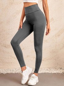 Resim Kadın Yüksek Bel Dalgıç Kumaş Spor Tayt - Karın Kontrolü Olan Günlük Yoga Koşu Fitness Taytları - Füme / S 