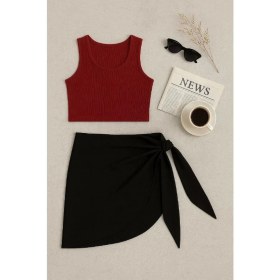 Resim Beruflic Kadın Bordo Yuvarlak Yaka Crop ve Siyah Transparan Pareo 2’li Set Under Moda 
