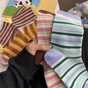Resim 4 Çift Kadın Dopamin Renk Bloklu Çizgili Ayak Bileği Çorapları - Japon Kawaii Stili Pastel & Canlı Renk Karışımı, Yumuşak Nefes Alabilir Kumaş, Çok Yönlü Günlük Aksesuarlar, Sevimli Çoraplar, Rahat Çorap Malzemesi 