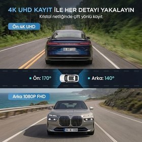 Resim Juo C20 4K UHD Ön + FHD Arka 2 Kameralı WiFi GPS HDR Araç Kamerası 3.4" IPS Ekranlı 170 Derece Geniş Açı Gece Görüş 