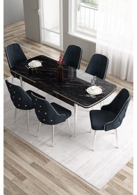 Resim Canisa Tia Serisi 80x132 Açılabilir Mdf Beyaz Gold Detay Masa Takımı Ve 6 Lacivert Sandalye Masa Beyaz Sandalye Lacivert 