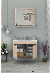 Resim Biani Fix Arya 85 Cm Banyo Dolabı,Seramik Lavabolu, Aynalı,Lavabo Dahil,Mdf,Aybe Bej 